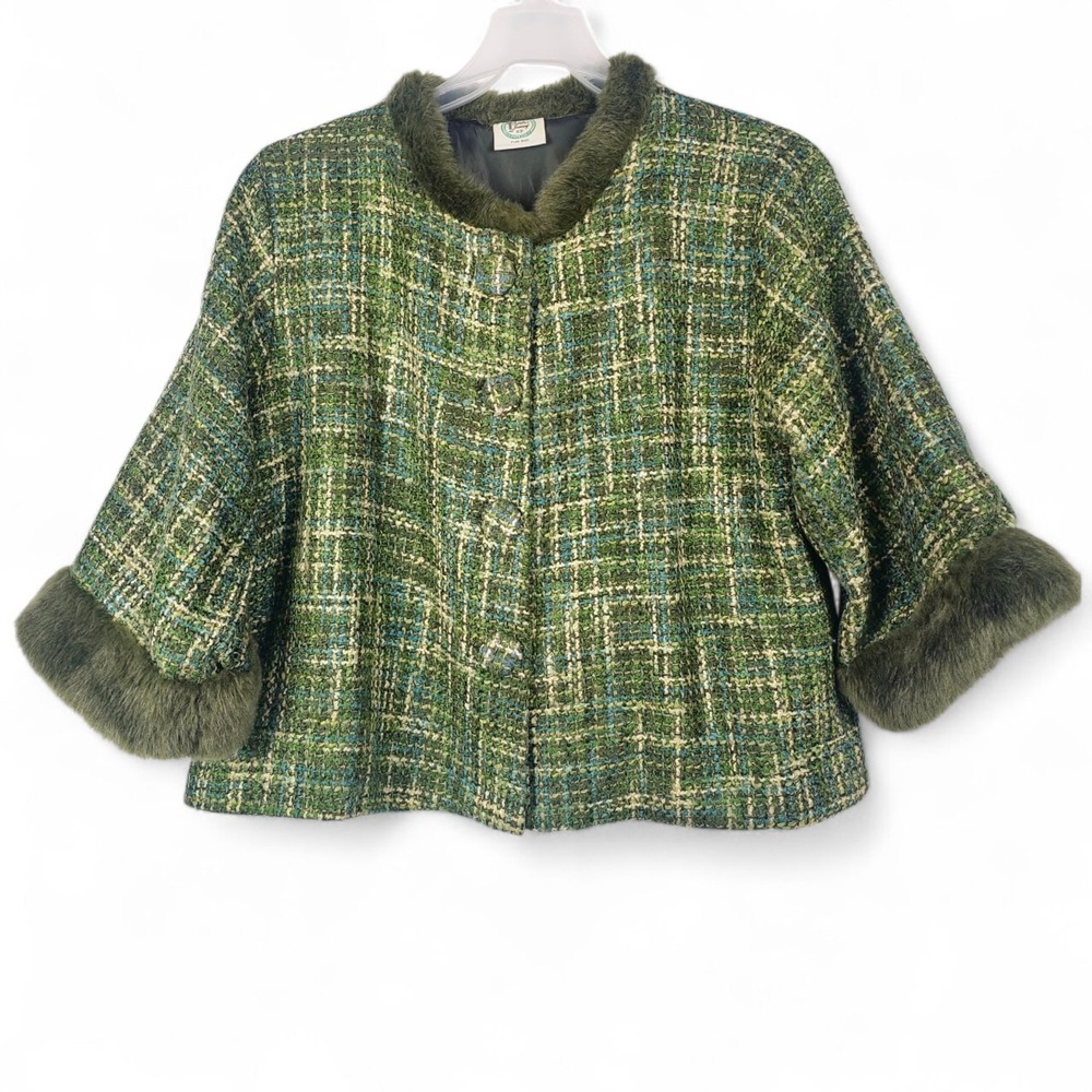 Isabella's Journey Ta Ta Collection Green Tweed Jacket Cashmere Blend Faux Fur